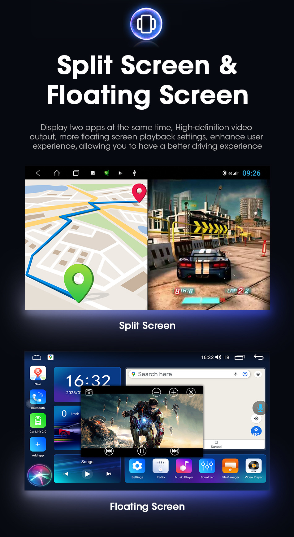 13寸车载安卓导航通用机 2K大屏、360全景与无线CarPlay的驾驶新体验