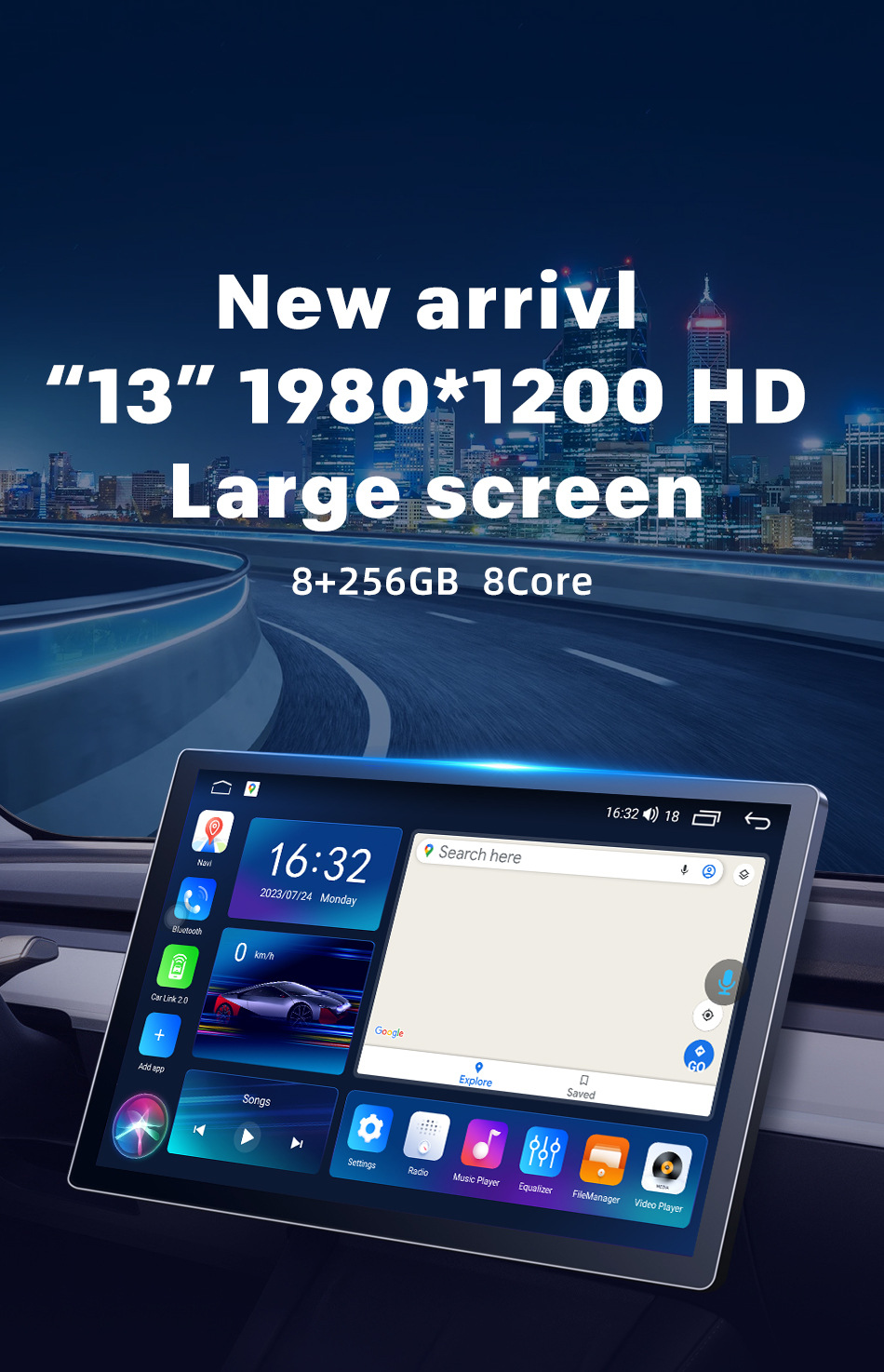 探索13寸车载安卓导航通用机 2K大屏、360全景与无线CarPlay的完美融合